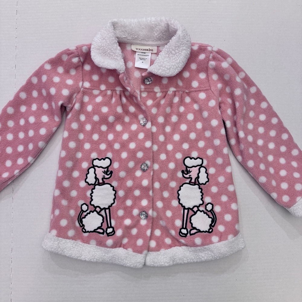 Toughskins Girls' Size 4T Pink Fleece Jacket Poodles Polka Dot Button Up